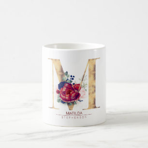 Mug M Monogramme Floral Bourgogne Rouge et bleu marine