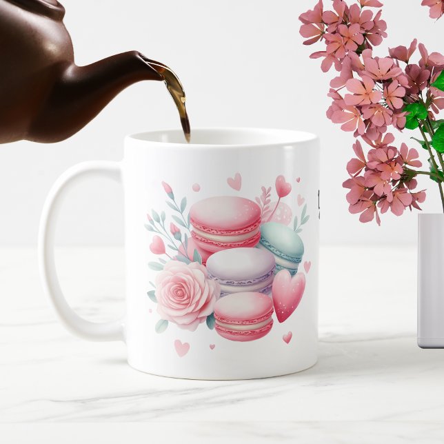 Mug Macaron & Coeurs rose et blanc mignon Personnalisé (Cute Pink Macarons and Hearts Coffee Mug)
