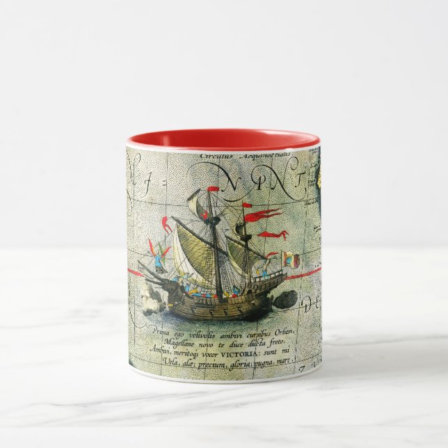 Mug Magellans navire Victoria, Antique Carte Océan Pac (Centre)