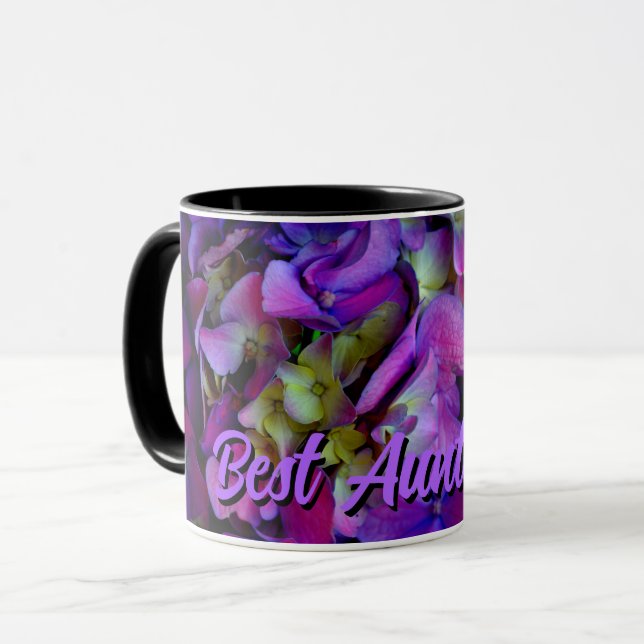 Mug Magenta Purple bleu jaune Hydrangeas fleurs Tante (Devant gauche)