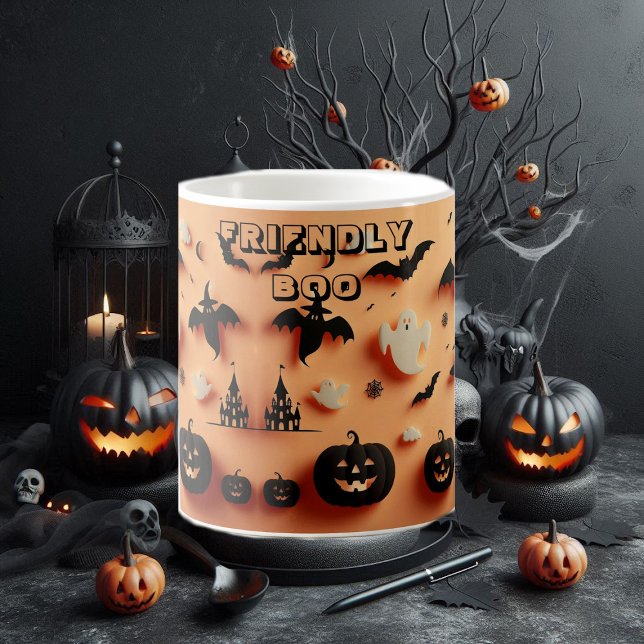 Mug Magic Amical Boo Orange Halloween Ghost Jack Black Bat (Friendly Boo Orange Halloween Ghost Jack Black Bat Color Morph Mug)