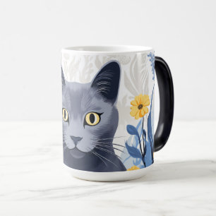 Mug Magic Chat Bleu Russe Fleurs Jaunes