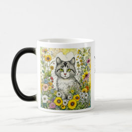 Mug Magic Chat kitty gris et blanc assis en fleurs