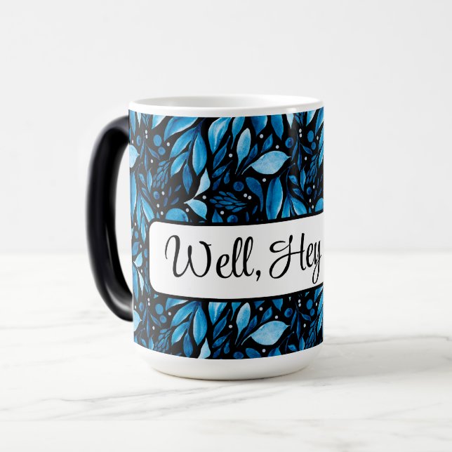 Mug Magic "Eh bien là" Personnalisé Noir & Bleu Botanique (Devant gauche)