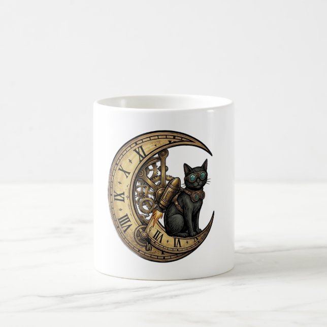 Mug Magic Fusée Chat Noir Steampunk Lune Engrenages Célestes (Centre)