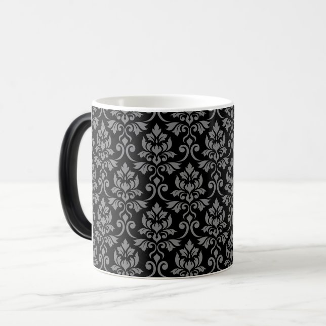 Mug Magic Gris de motif de damassé de Feuille sur le noir (Devant gauche)
