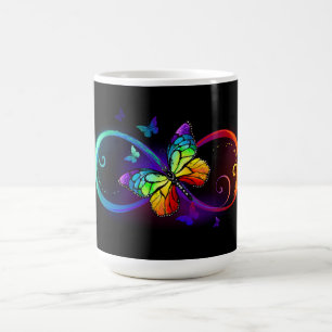 Mug Magic Infini vibrant avec papillon arc-en-ciel sur noir