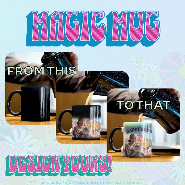 Mug Magic Joyeux anniversaire ! Chat dans le jardin de fleur (Créateur téléchargé)