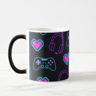 Mug Magic Neon Gamer Controller and Hearts Pattern