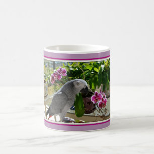 Mug Magic Perroquet de gris africain avec des orchidées