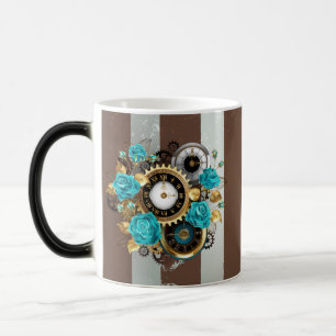 Mug Magic Steampunk Clock and Turquoise Roses on Striped