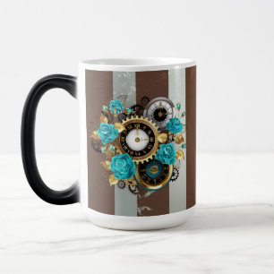 Mug Magic Steampunk Clock and Turquoise Roses on Striped