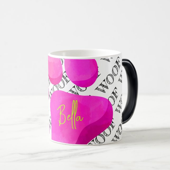 Mug Magic WOOF rose empreinte de patte CHIEN NOM animal de c (Devant droit)