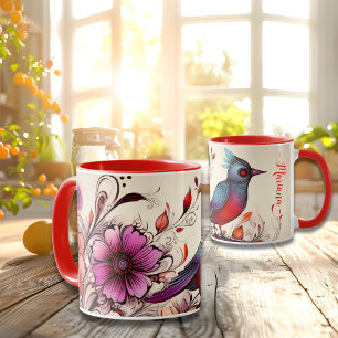 Mug Magnifique oiseau rouge et nom floral personnalisé