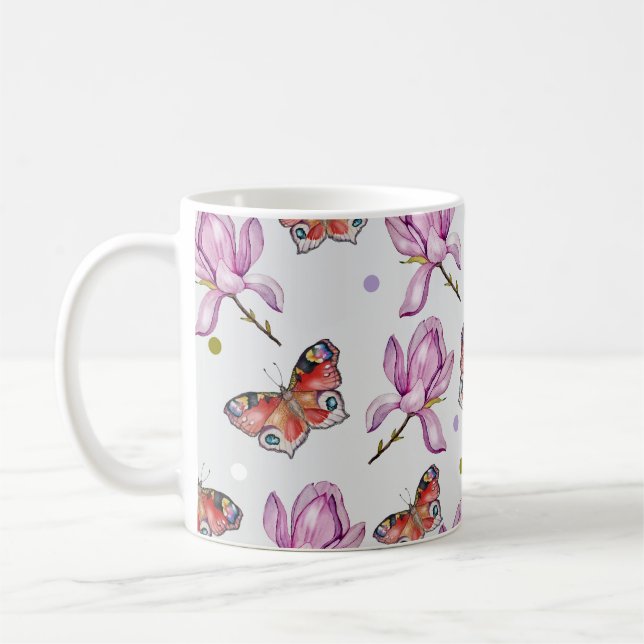 Mug Magnolia and butterflies, watercolor pattern (Gauche)