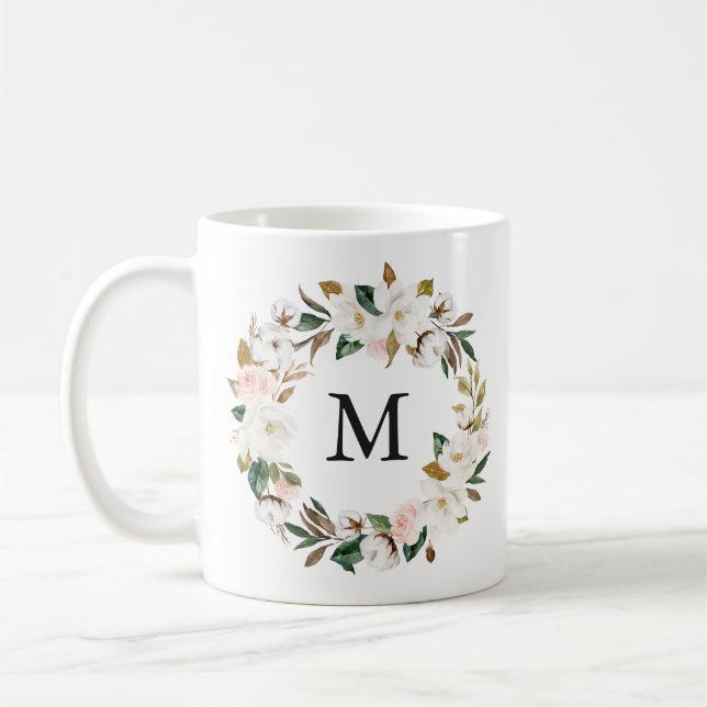 Mug Magnolias aquarelles | Monogramme de couronne flor (Gauche)