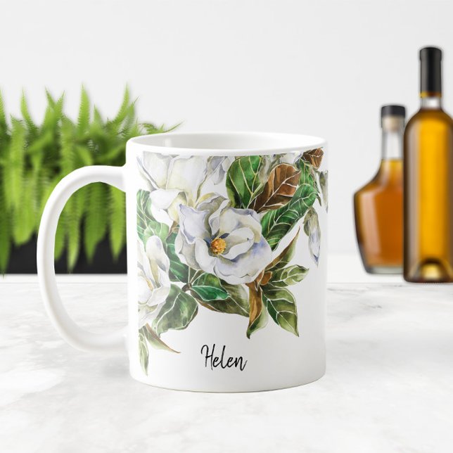 Mug ☕ Magnolias d'aquarelle Nom ou monogramme (☕ Watercolor Magnolias Name or Monogram Coffee Mug
)
