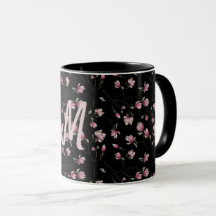 Mug Magnolias rose&blanc sur noir personnalisé initial