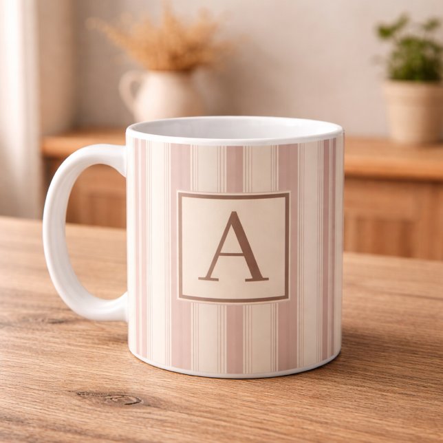 Mug Maison de campagne rustique initiale rayée beige e (Créateur téléchargé)