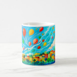 Mug Maisons colorées avec des ballons dans un ciel ven