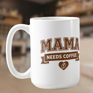 Mug MAMA a Besoin de Café Brun Cœur Blanc Grain de Caf