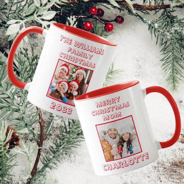 Mug Maman Famille Noël Photo Rouge et Blanc (Front And Back)