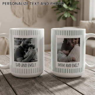 Mug Maman & Papa | Rayures Sage personnalisées pour la