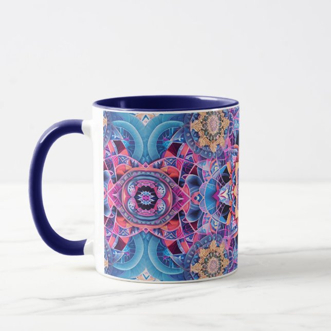 Mug Mandala arabesque en bleu et rose (Gauche)