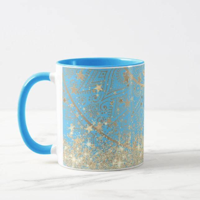 Mug Mandala envoûtant avec Gold Stars sur Turquoise (Gauche)