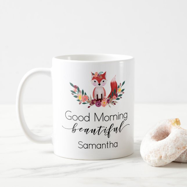 Mug Manuscrit floral mignon bonjour de Fox (Avec donut)