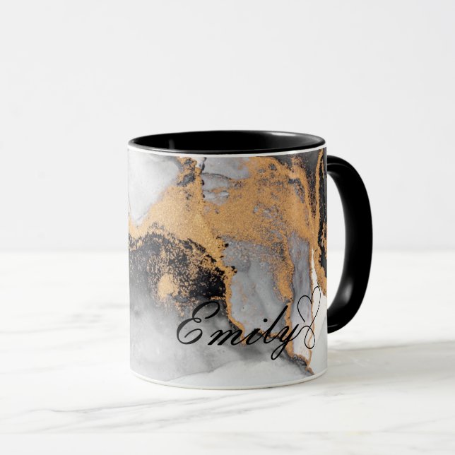 Mug Marbre d'aquarelle noir et or personnalisé de luxe (Devant droit)