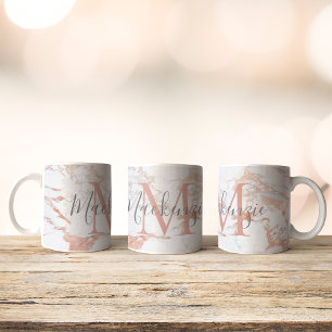 Mug Marbre de monogramme de feuille d'or rose tendance