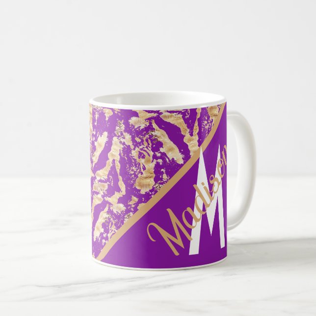 Mug marbre d'or MOnogrammed rustique sur violet (Devant droit)