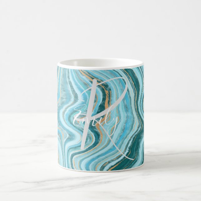 Mug Marbre Tan Agate turquoise Nom Abstrait Monogramme (Centre)