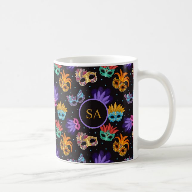 Mug Mardi Gras Masque de plumes violet vert bleu étoil (Droite)