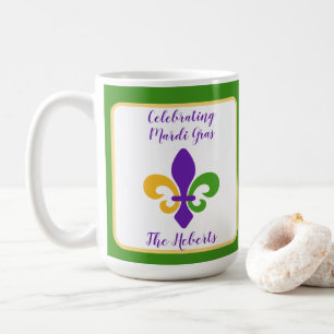 Mug Mardi Gras NOM Vert Or Violet Fleur de Lis