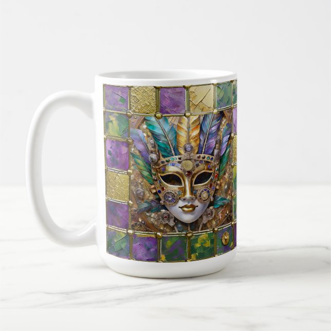 Mug Mardi Gras Or & Céramique Masque de plumes colorée (Gauche)