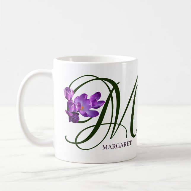 Mug Margaret nom personnalisable fleurs pourpres boho (Gauche)