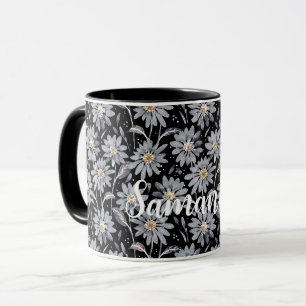 Mug Marguerites gris argent sur noir personnalisable
