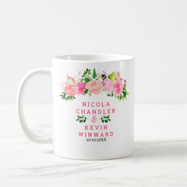Mug Mariage aux Roses Roses avec Feuillage (Gauche)