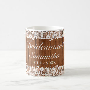Mug Mariage Bridesmaid en bois rustique et dentelle bl