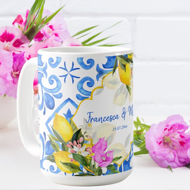 Mug Mariage Cadeau Bleu carreaux citron Bougainvillea  (Créateur téléchargé)