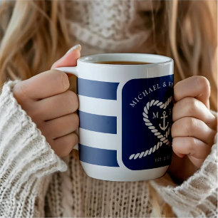 Mug Mariage Corde Ancre Cœur Rayé Bleu Marin