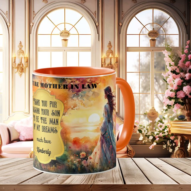Mug Mariage de Merci de belle-mère (Mother-in-law Thank You wedding mug featuring a retro watercolor painting with a lady at sunset)