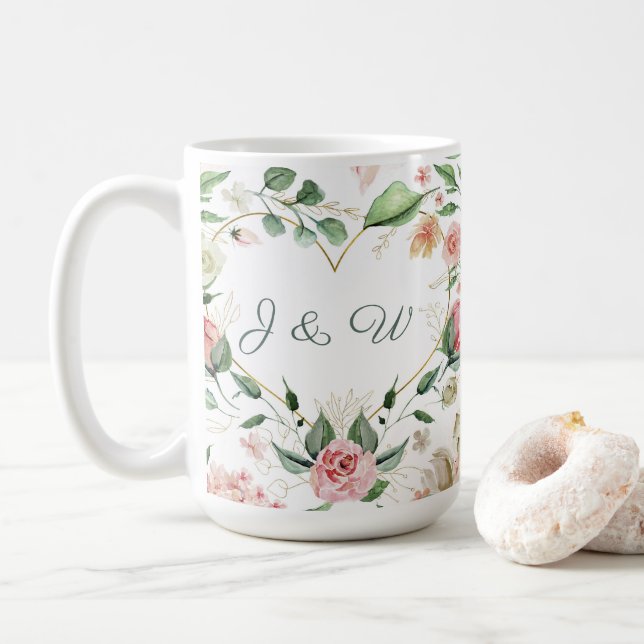 Mug Mariage de monogramme couleur rose floral (Avec donut)