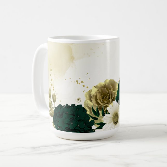 Mug Mariage fleurs vert émeraude et or ivoire (Devant gauche)