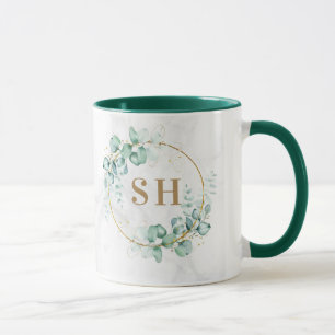 Mug Mariage Monogramme Or Eucalyptus Vert Aquarelle