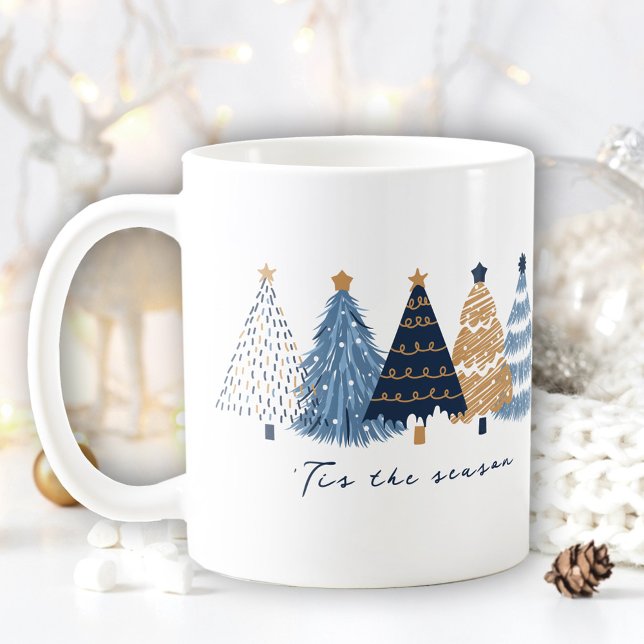 Mug Marine Arbres Bleus Moderne Simple Nom de Noël (Navy Blue Trees Modern Simple Christmas Name Coffee Mug)