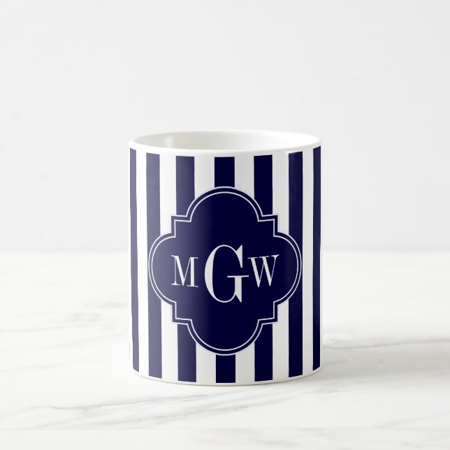 Mug Marine Blancs Marine Bleu Quatrefoil 3 Monogramme (Centre)
