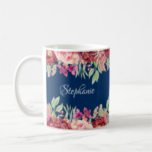 Mug Marine Bleu Bourgogne Floral Nom personnalisé